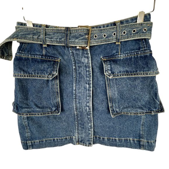 Pixie Market AR Denim Cargo Pocket Mini Skirt Sz S Blue Belted A-Line Y2K - Picture 4 of 12